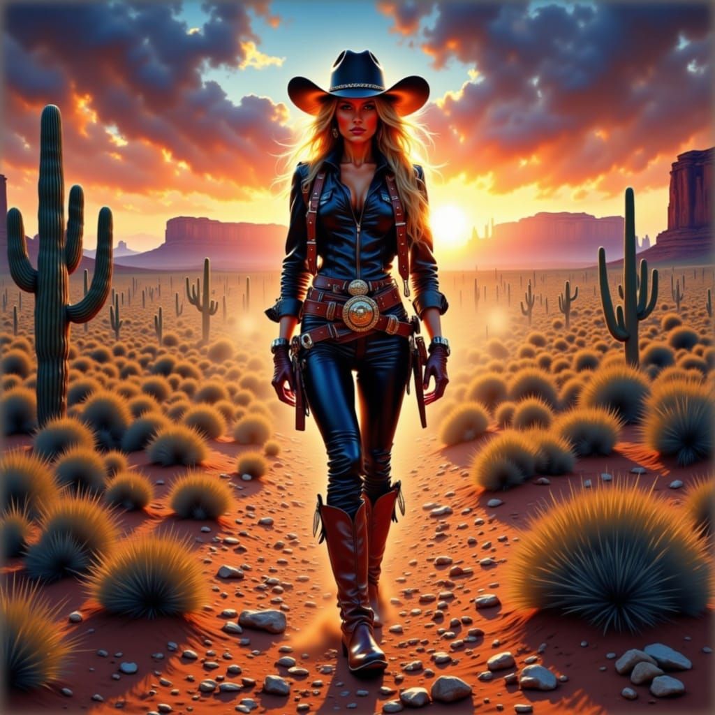 Surreal Cowgirl in Glowing Desert Twilight