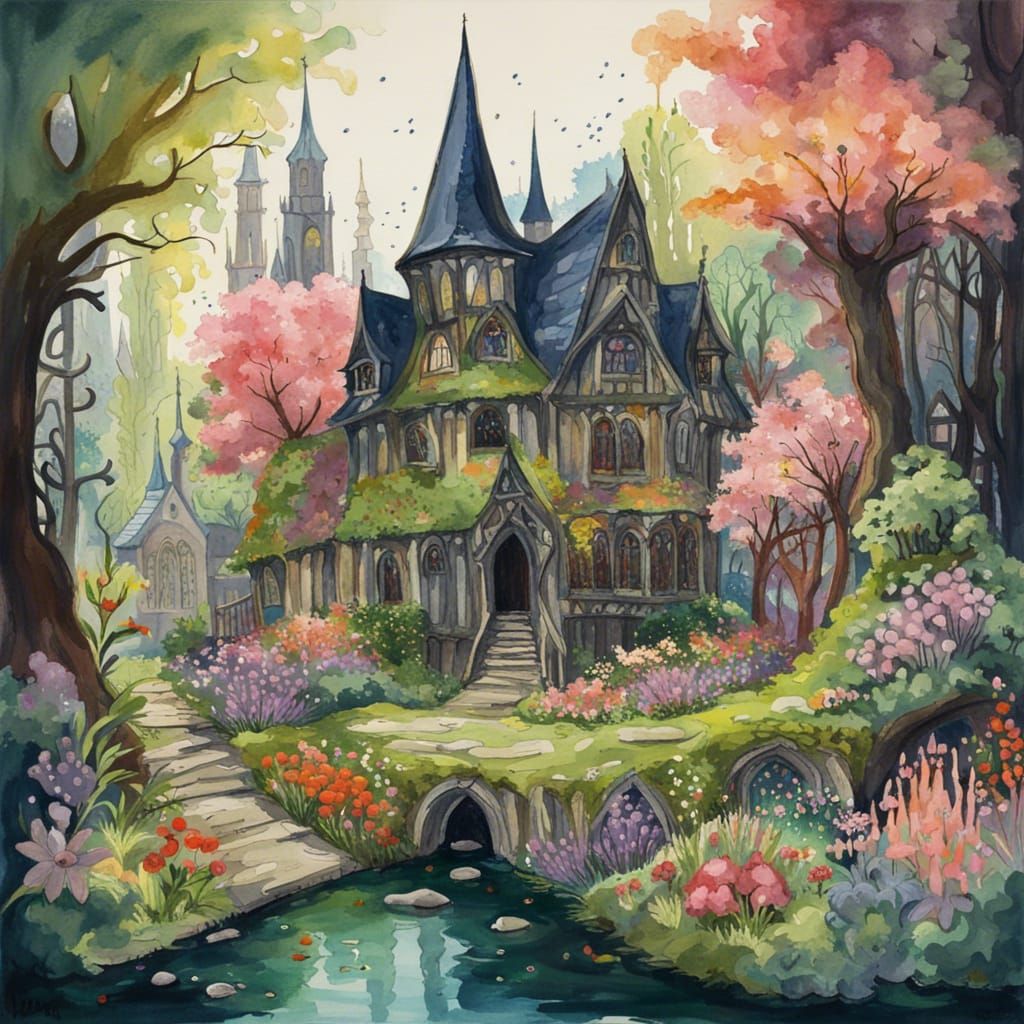 Gothic Fairytale Town in Gouache Style