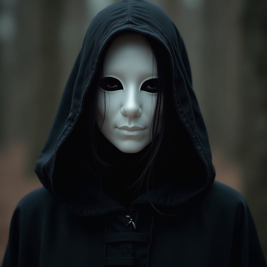 Gothic Sorceress in White Mask and Black Cloak