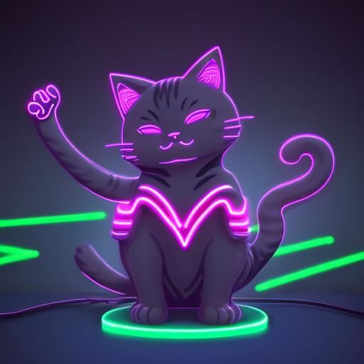 Neon Cat Waving in Synthwave Futuristic Style