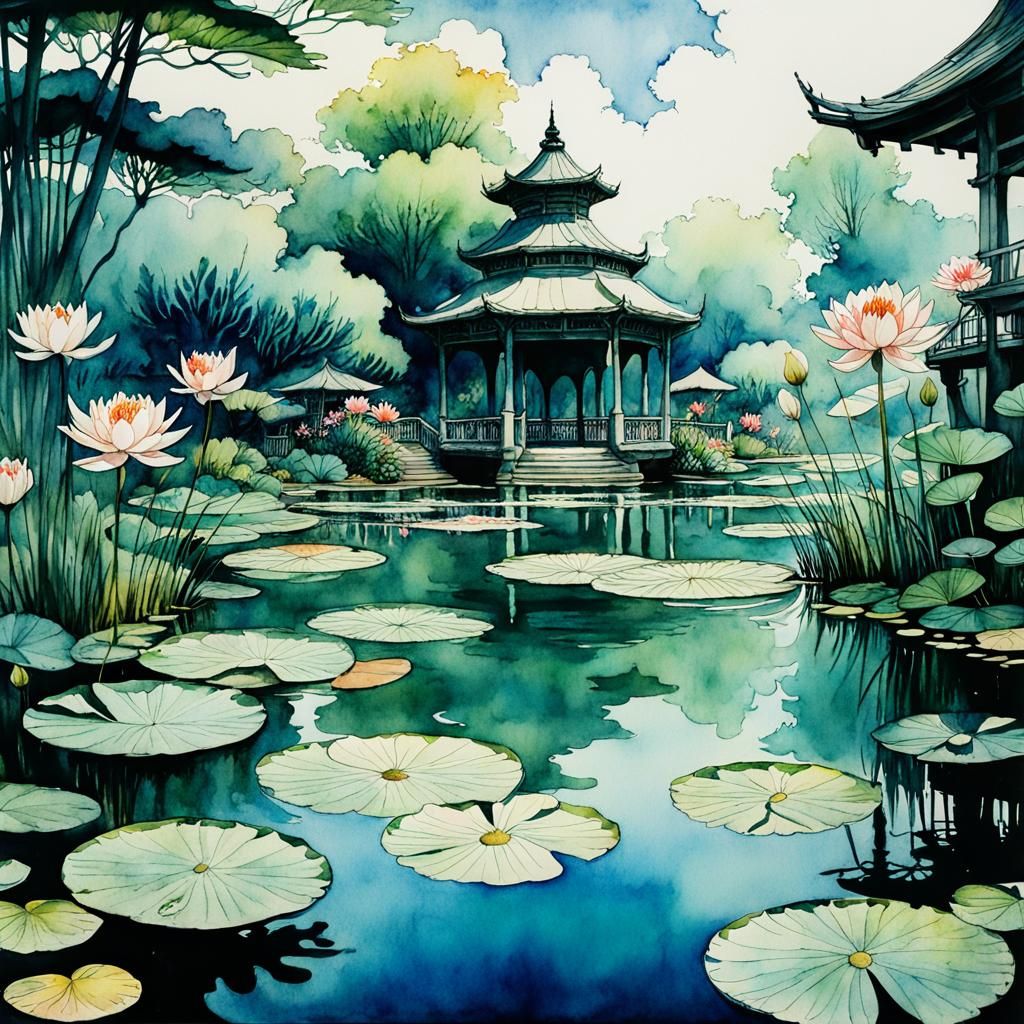Colorful Waterlilies on Pond as Watercolor Painting