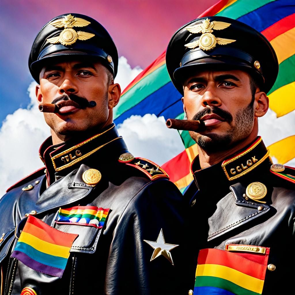Leather Clad Men in Military Uniforms with Rainbow Flag