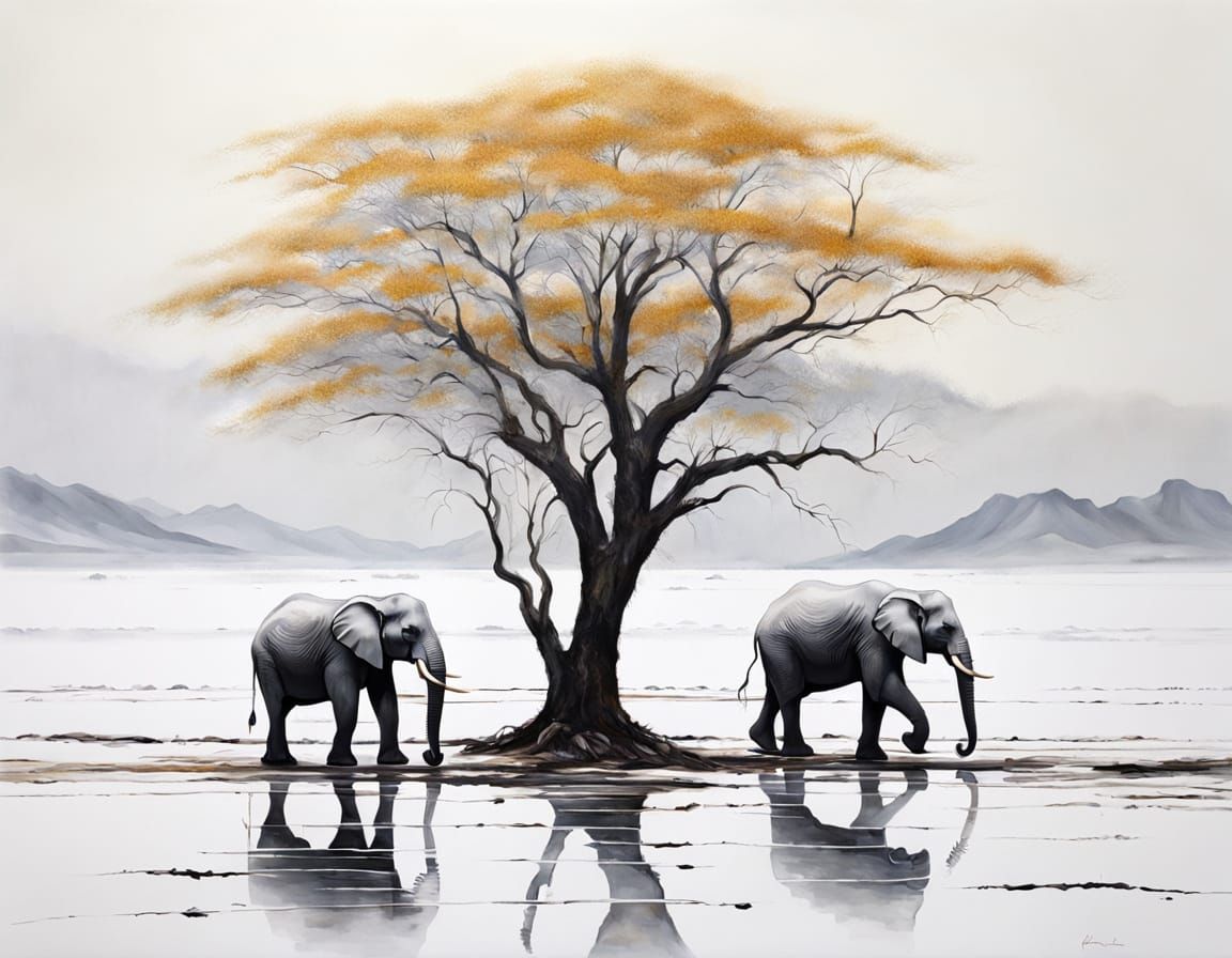 Hyperrealistic White Elephants in Minimalist Landscape