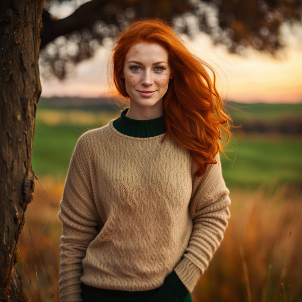 Ginger Woman in Sweater at Sunset: Graffiti Art