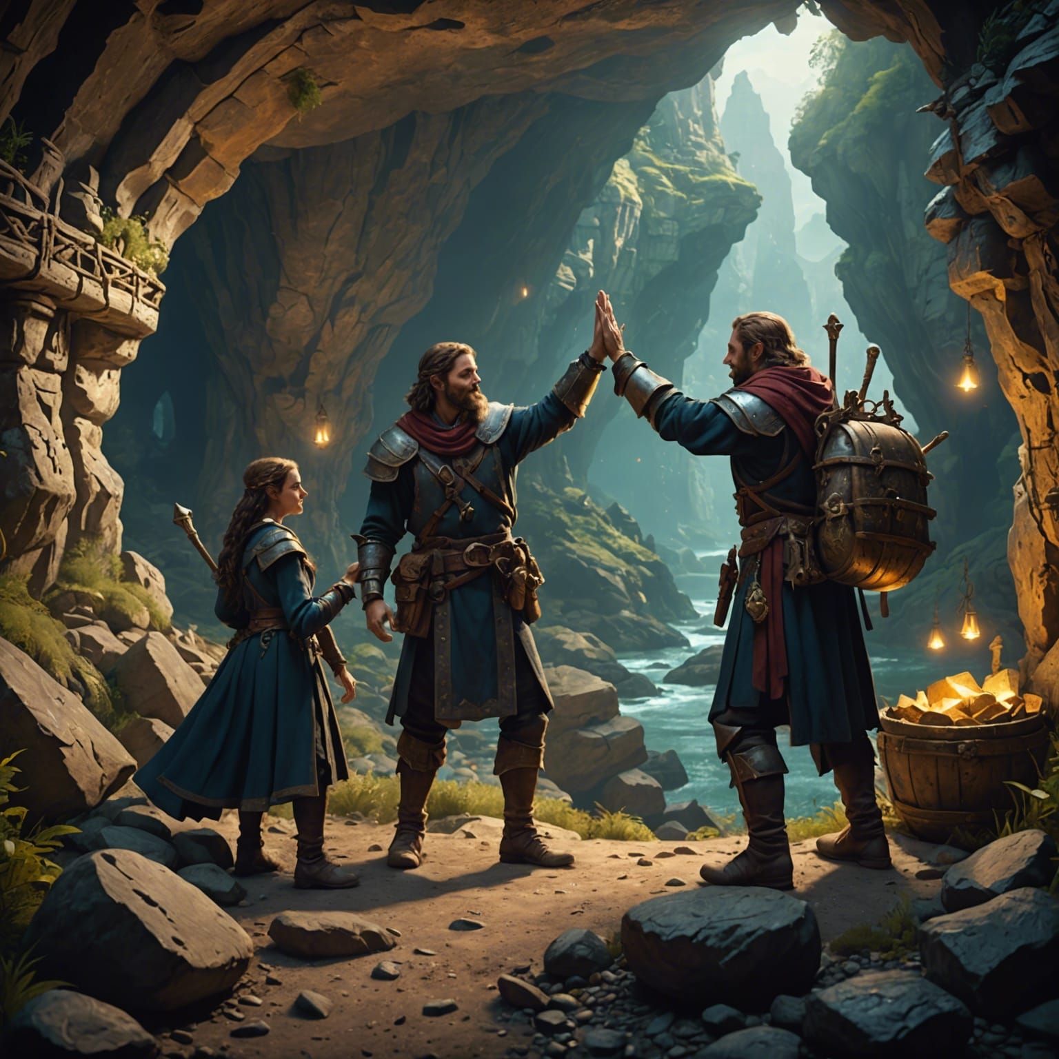 Medieval Adventurers High-Five Over Treasure Find