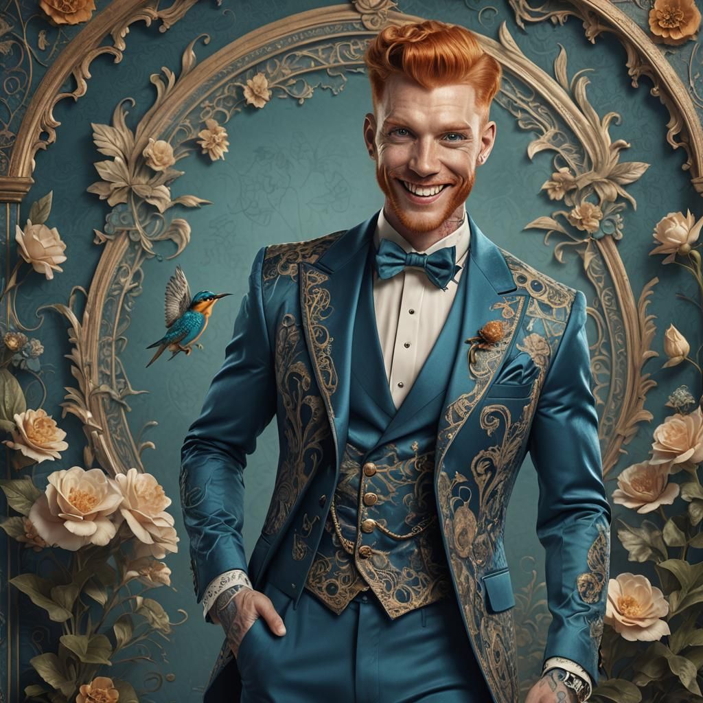 Ginger Male Pin-Up in Vintage Lace Tuxedo