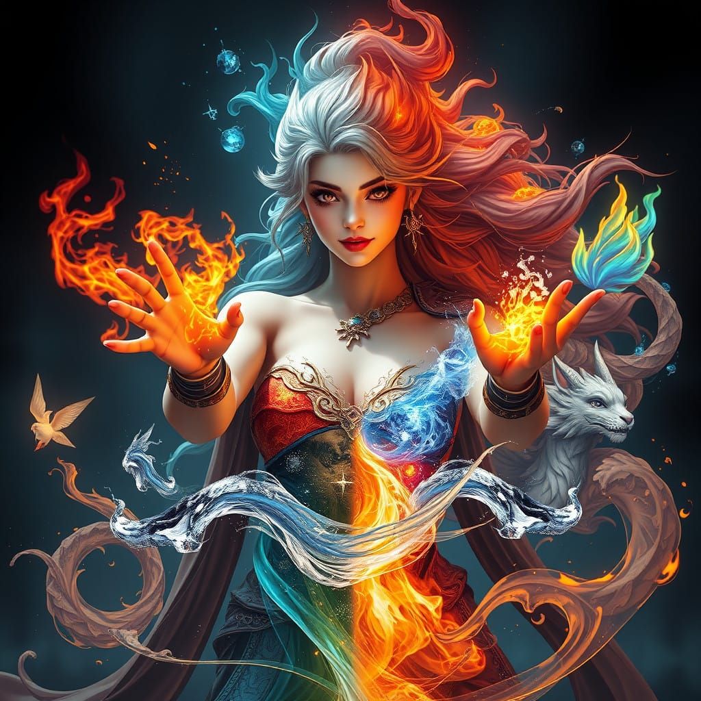 Elegant Goddess Mastering Elemental Forces