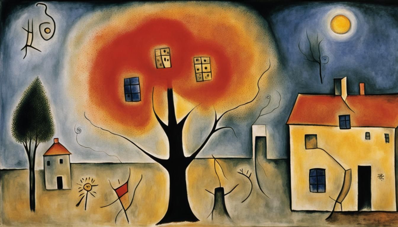 Burning Tree House Collapse: Chagall and Klee Style