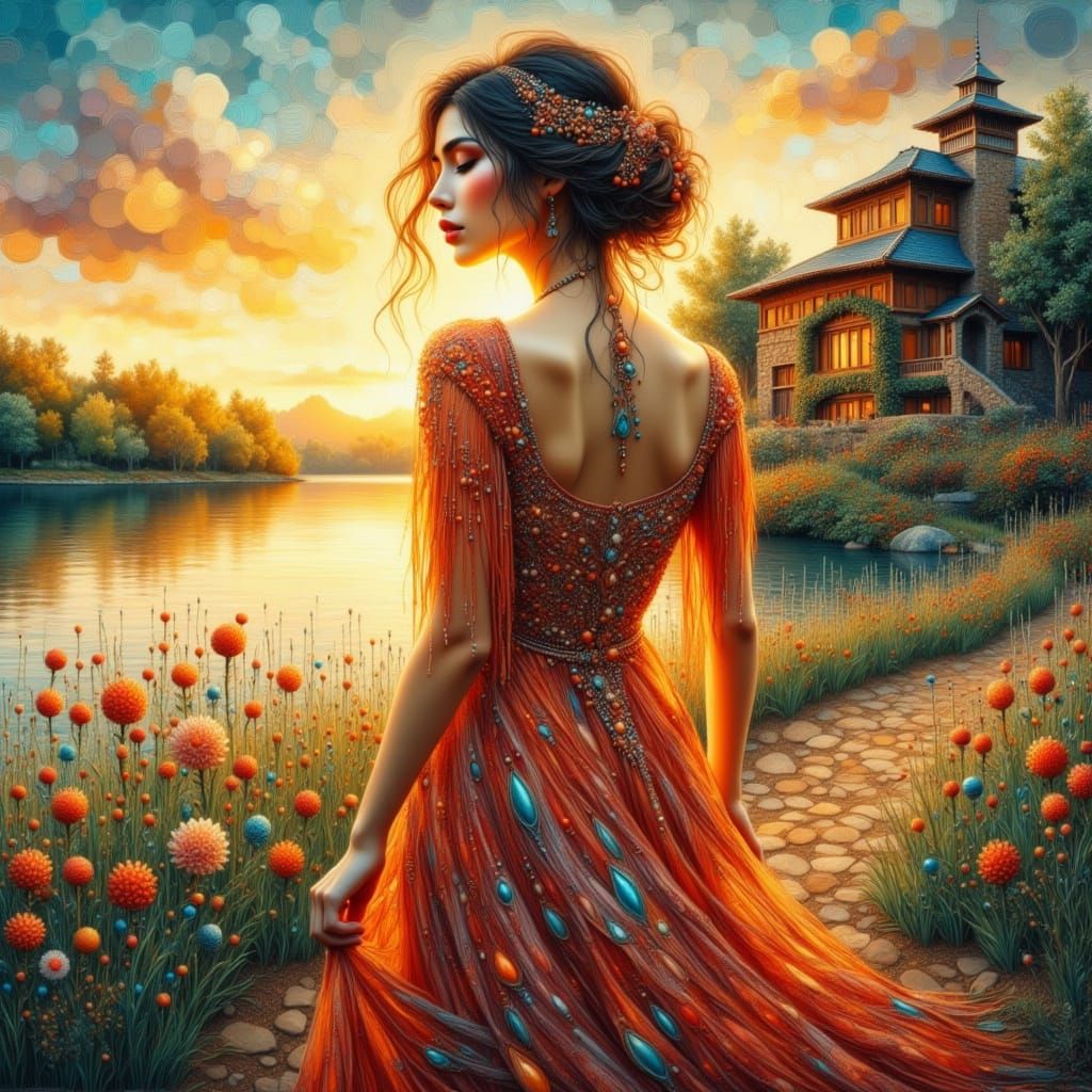Woman Walking to Lake House at Sunset, Splash Art
