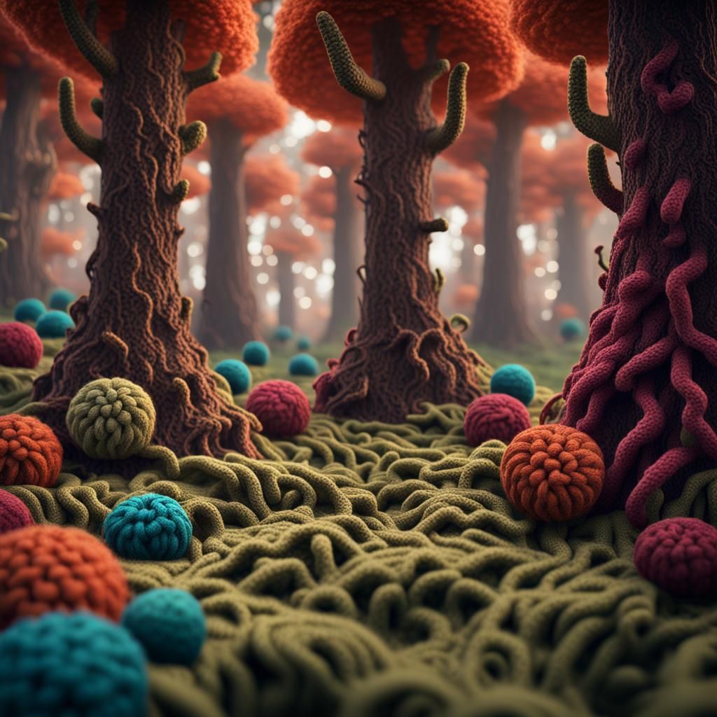 Intricate Crocheted Forest in Detailed Matte Painting
