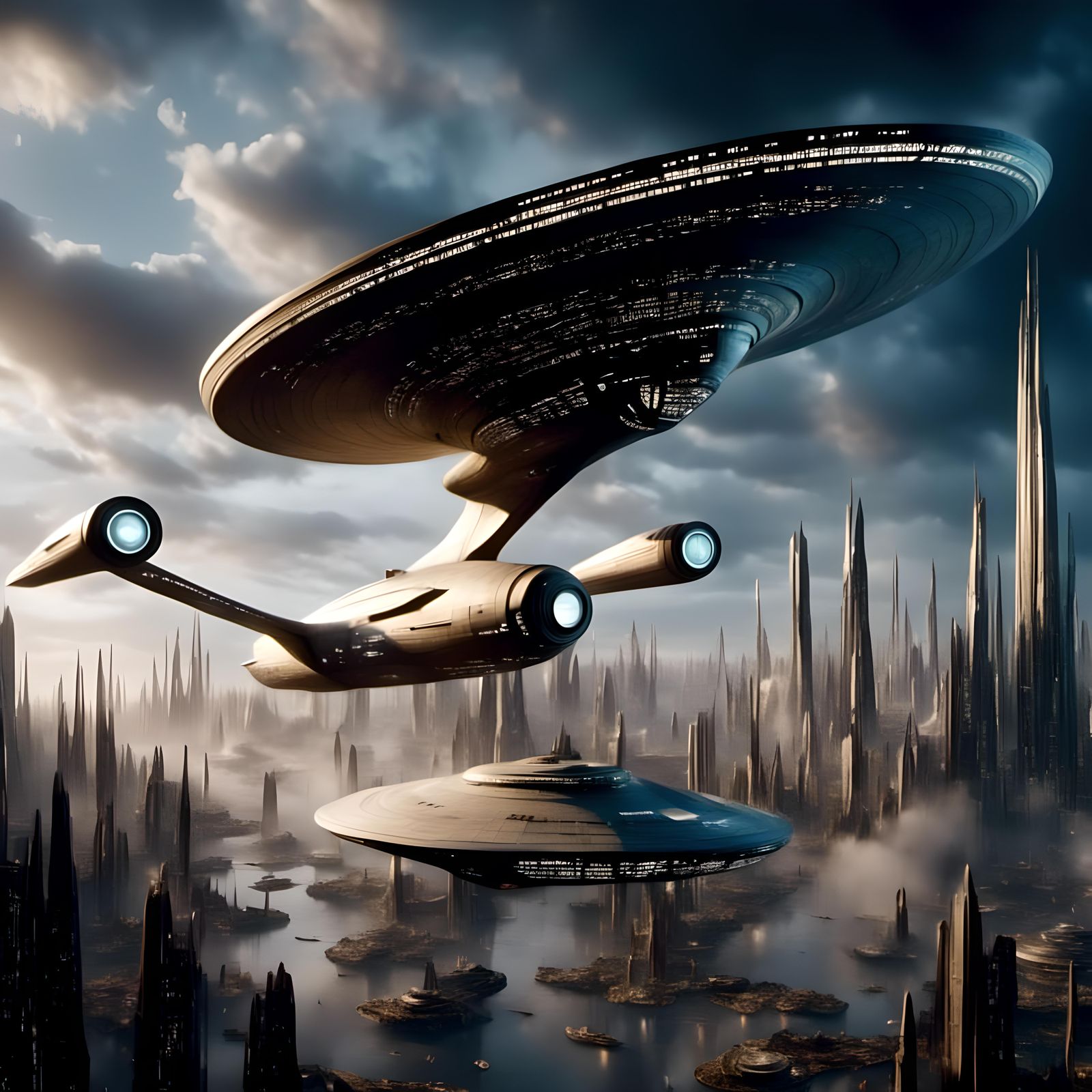 Starfleet Ship Over Futuristic City