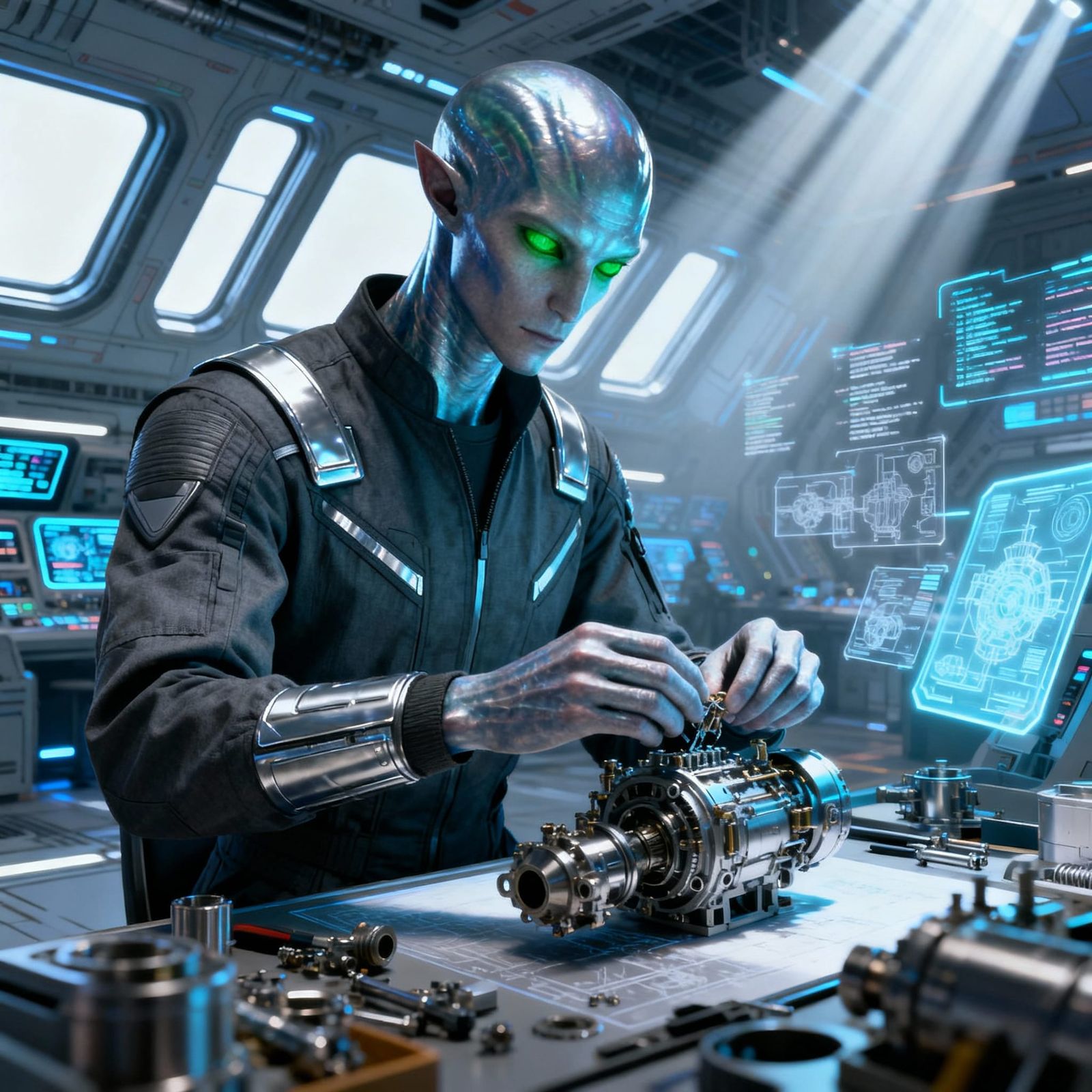 Alien Mechanic Works in Futuristic Space Station