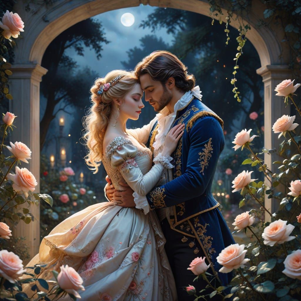 Baroque Couple Embracing in Ethereal Moonlit Garden