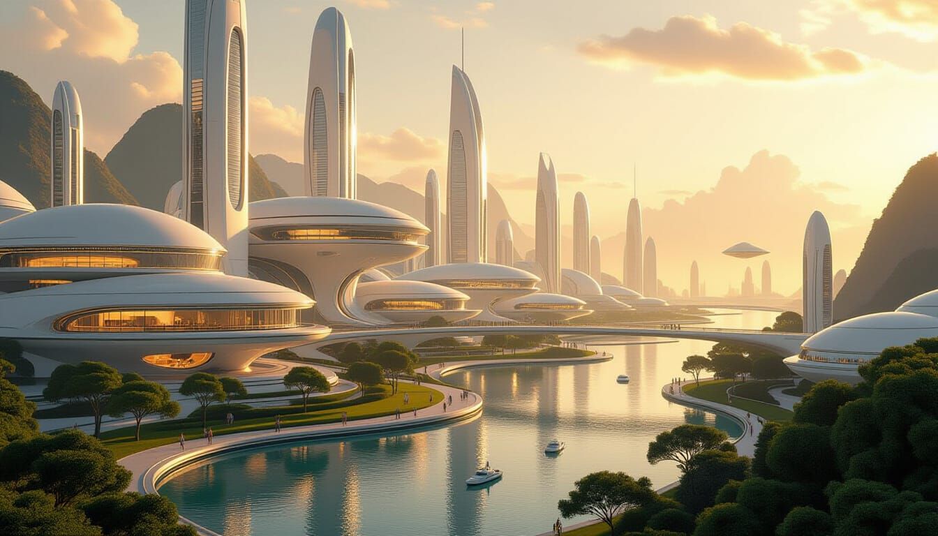 Utopian Future Cityscape in Frutiger Aero Style