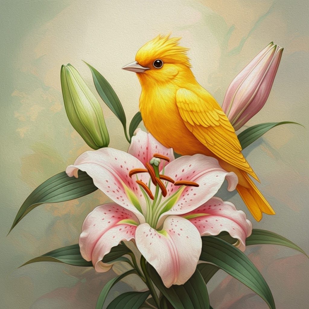 Sunshine Yellow Bird Amidst Vibrant Pink Lily Blooms