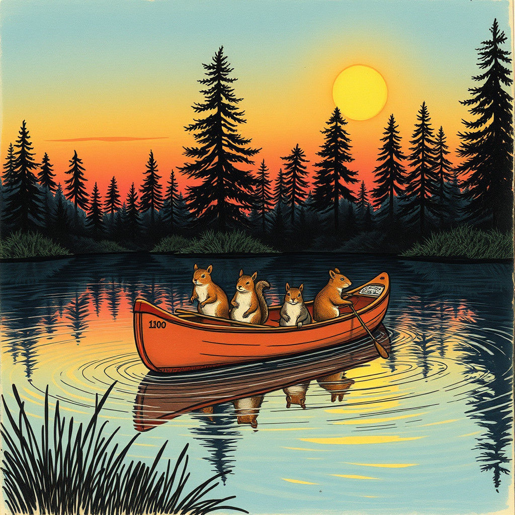 Squirrels in Canoe at Sunset: Storybook Illustration