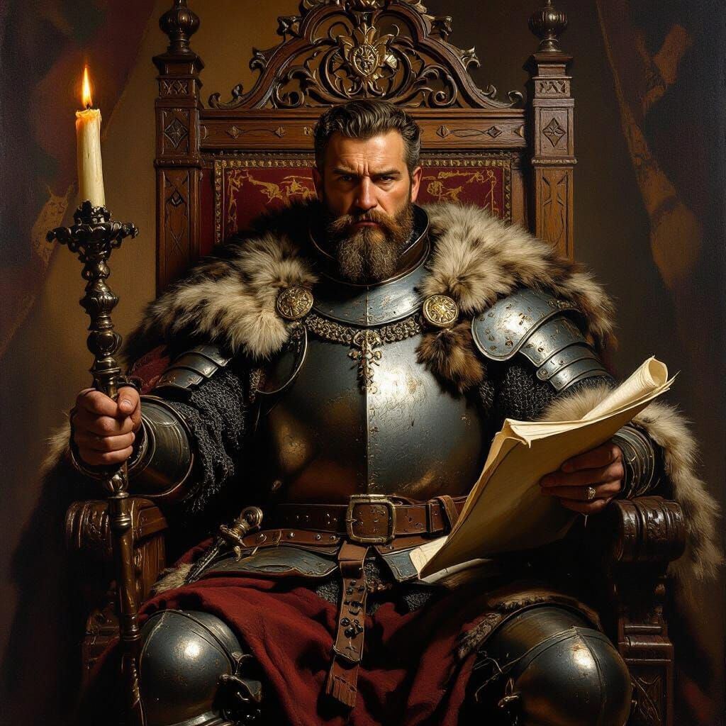 Medieval Warlord on Throne, Oil Painting