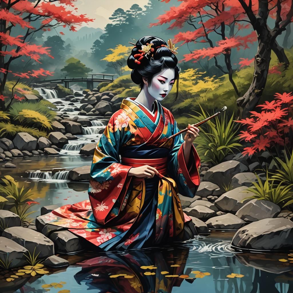 Geisha Smoking by Stream, in Warhol-esque Alcohol Ink