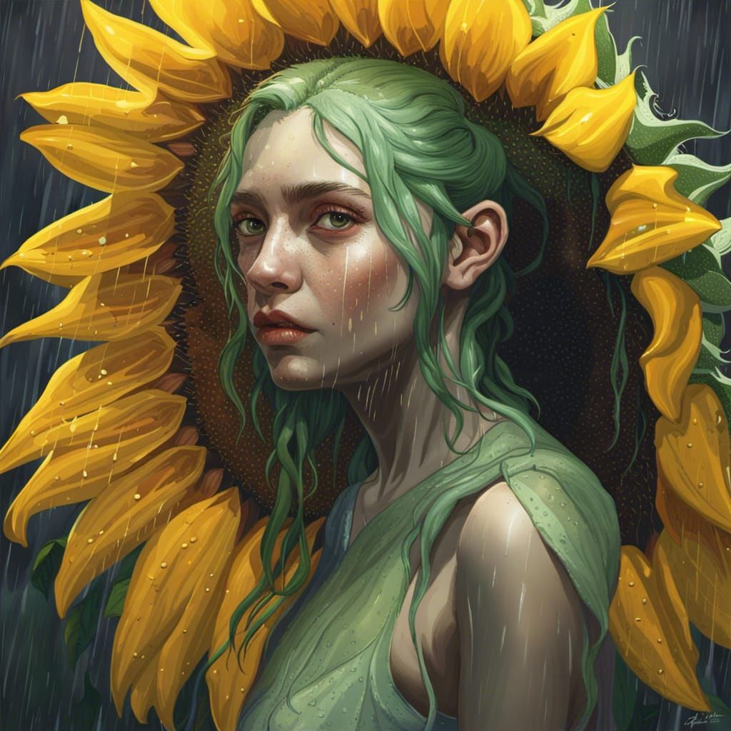Fairy in Rain with Sunflower: Hyperrealistic Splash Art