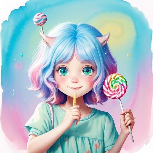 Cute Troll with Lollipop in Watercolor Style
