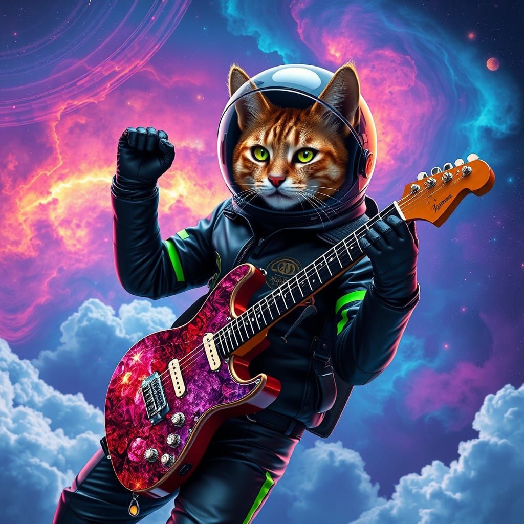 Sleek Feline Space Hero Cradles Crystal Guitar in Vibrant Ne...