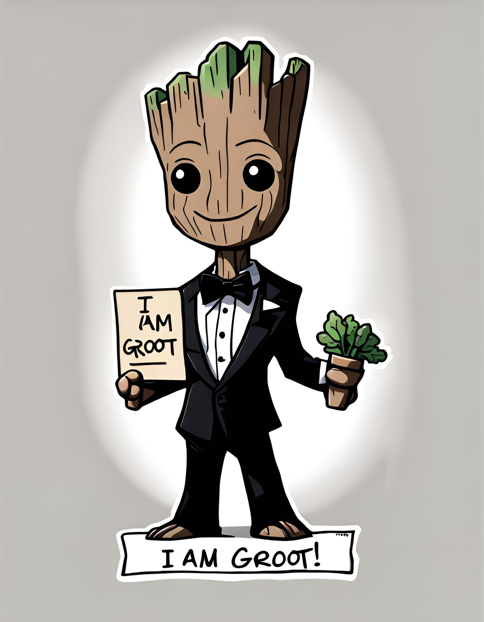 Chibi Groot in Tuxedo Holding I Am Groot Sign