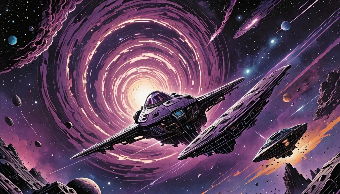 Vintage Spaceship Emerges from Purple Vortex in Retro Style