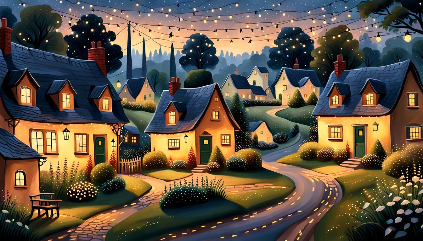 Enchanting Night Village in Whimsical Style