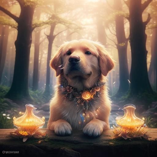 Mystical Golden Retriever Portrait in Enchanted Forest
