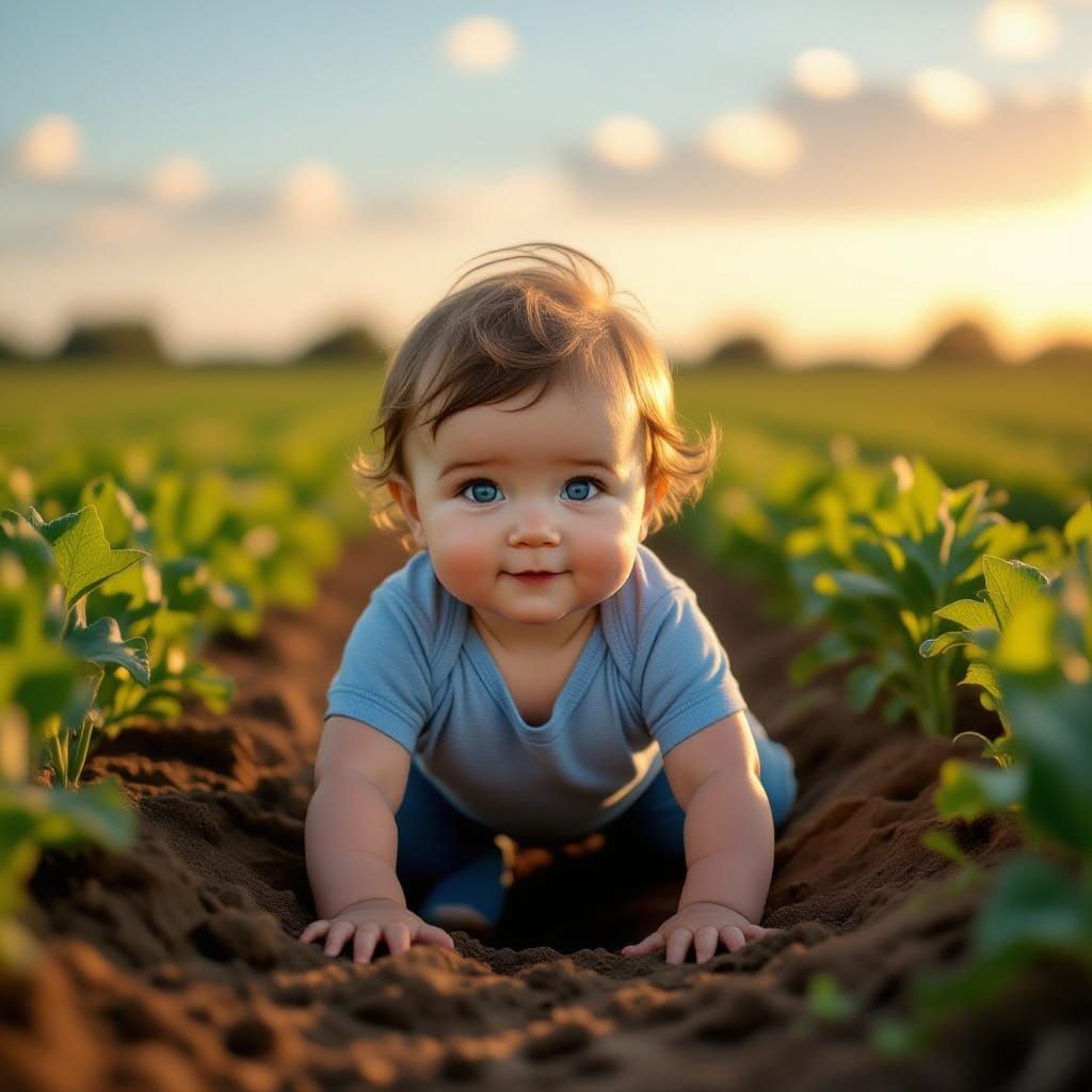 Chubby Baby Crawls Through a Vibrant Sunset Farm