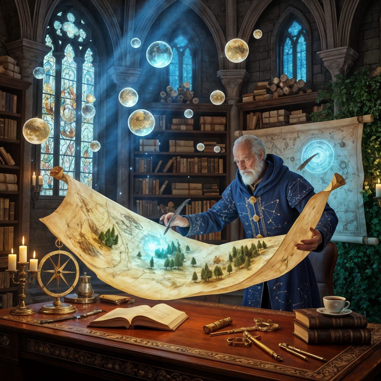 Elderly Cartographer in Magical Library