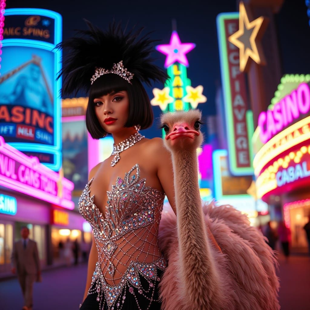 Las Vegas Showgirl with Ostrich in Neon Light, Cinematic Sty...