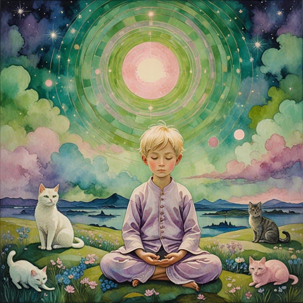 Surreal Celestial Boy Meditates in Serene Harmony