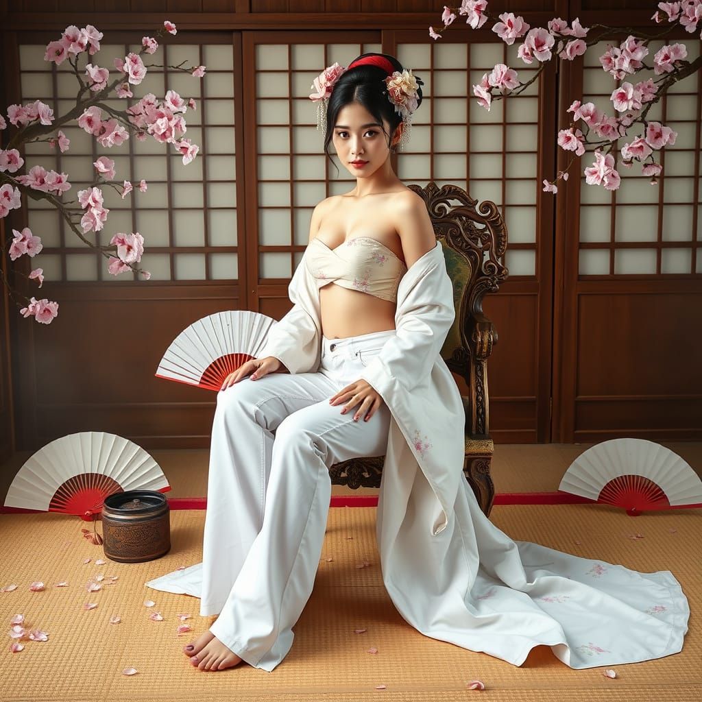 Geisha in Modern Attire Surrounded by Cherry Blossoms