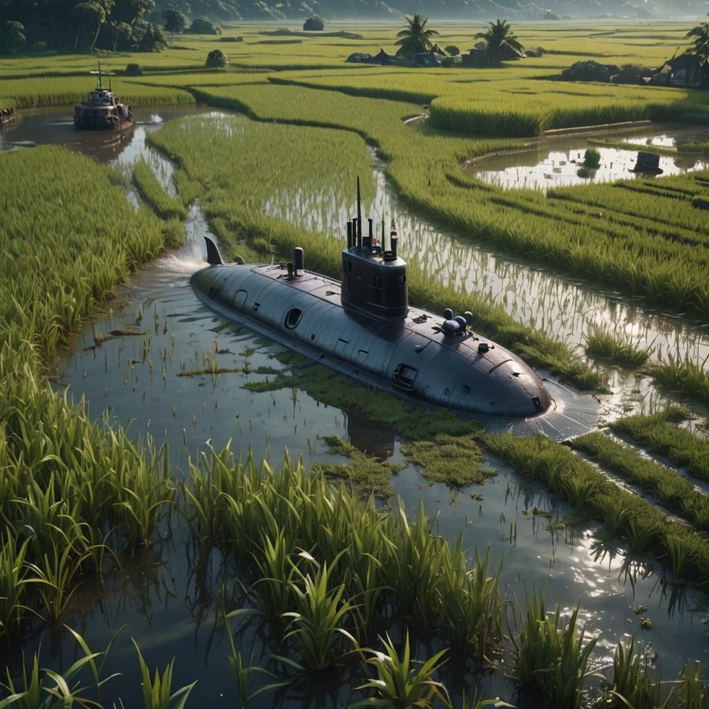 Submarine Surfaces in Rice Field: Fantasy Concept Art