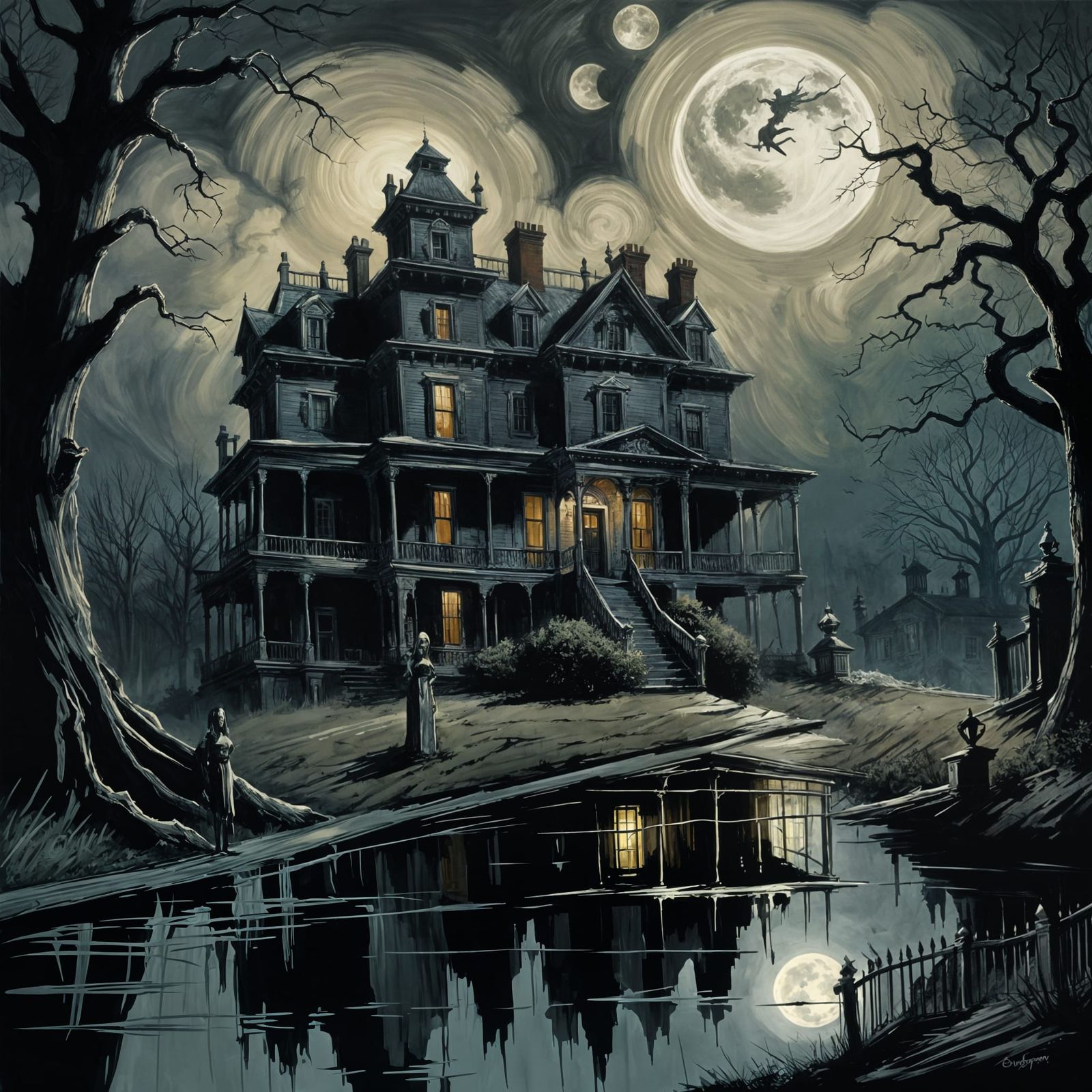 Haunted Mansion Gouache Illustration Under Moon