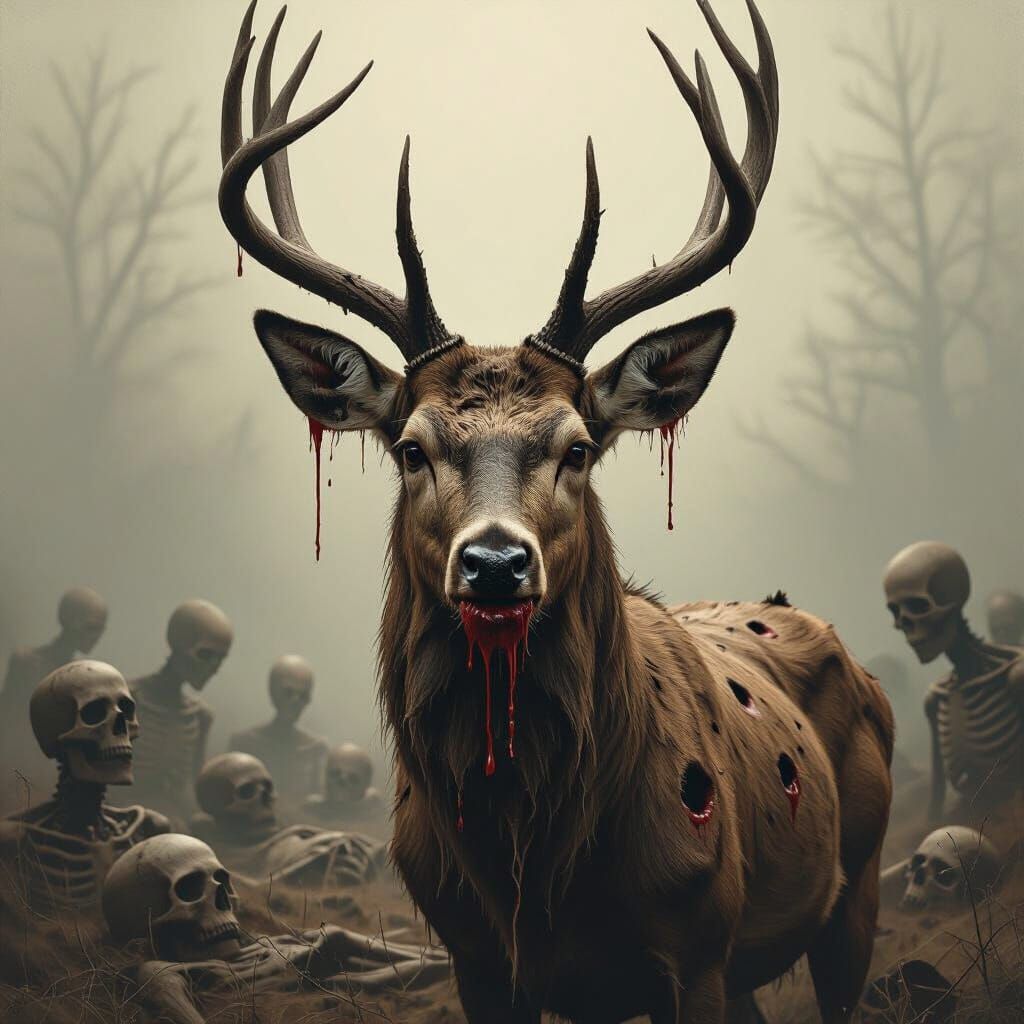 Majestic Scarred Deer in Gothic Horror Landscape