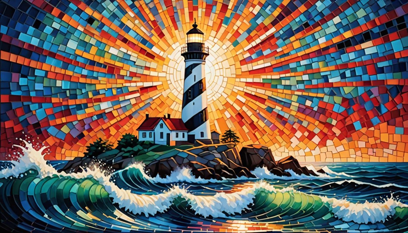 Lighthouse Mosaic Rendered with Acrylic Pouring