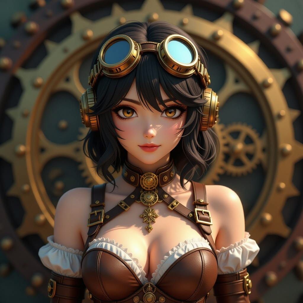 Steampunk Woman in Intricately Crafted Brass Goggles and Lea...