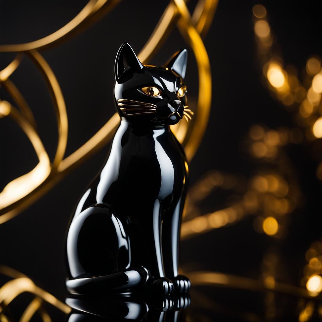 Sleek Obsidian Cat Figurine with Gold Details