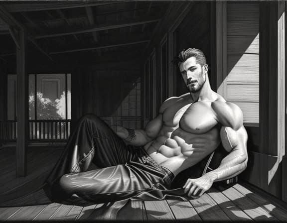 Handsome 1950s Man Reclining on Porch in Black