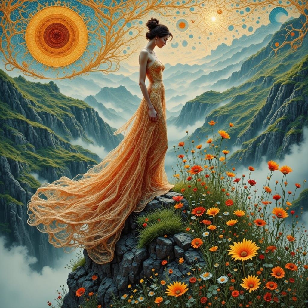 Woman on Misty Cliff in Art Nouveau Style