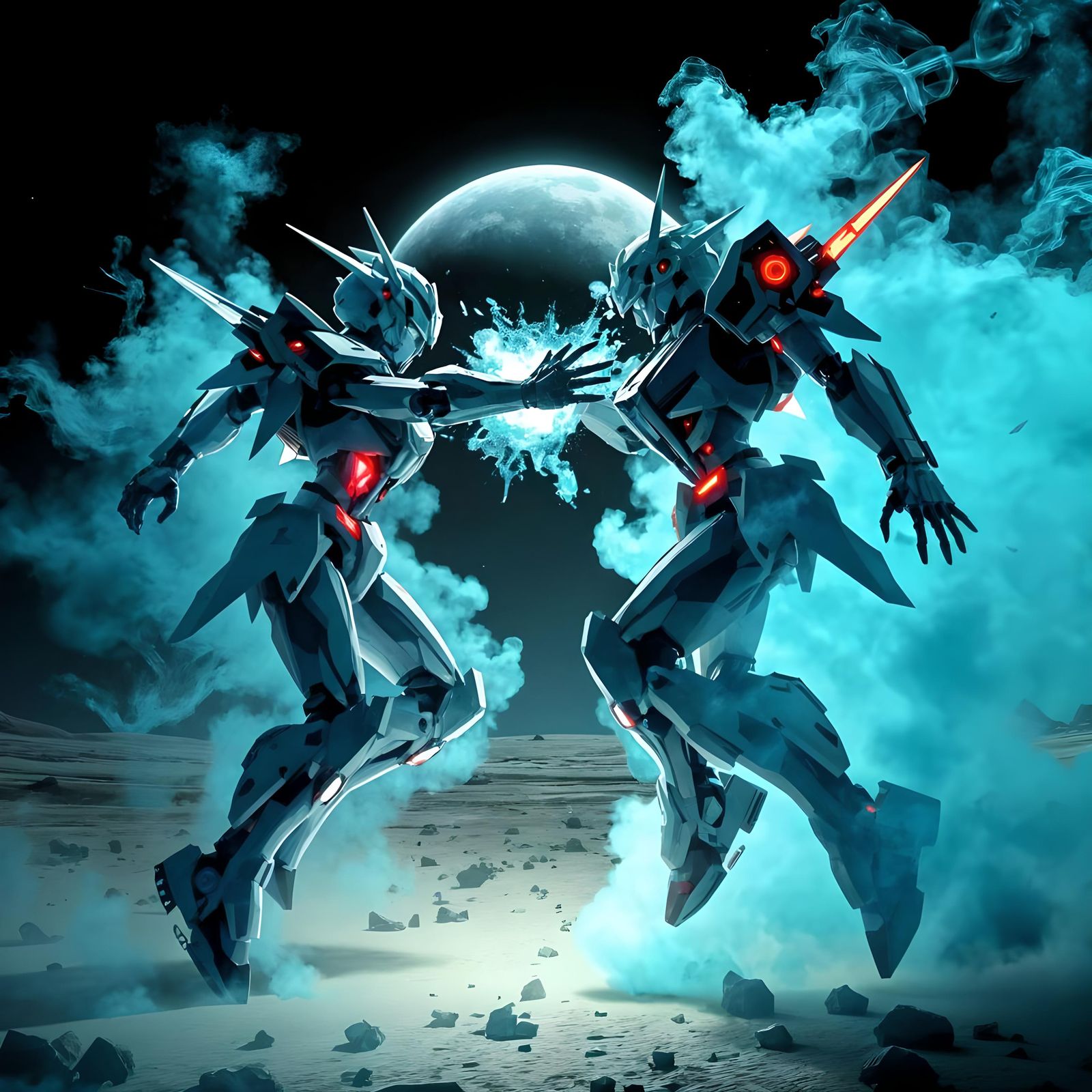 Epic Mecha Battle in Crystal Cubism Style