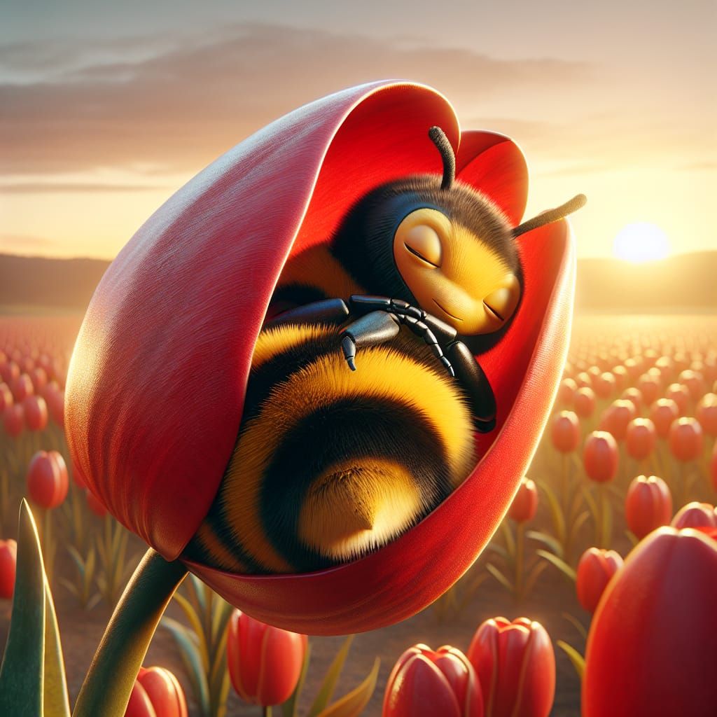 Anthropomorphic Bumblebee Asleep in a Tulip Bed