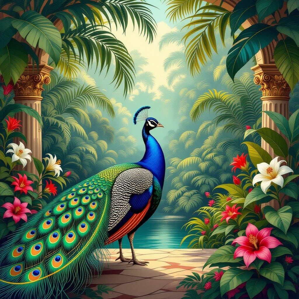 Majestic Peacock Displaying Plumage in Tropical Garden