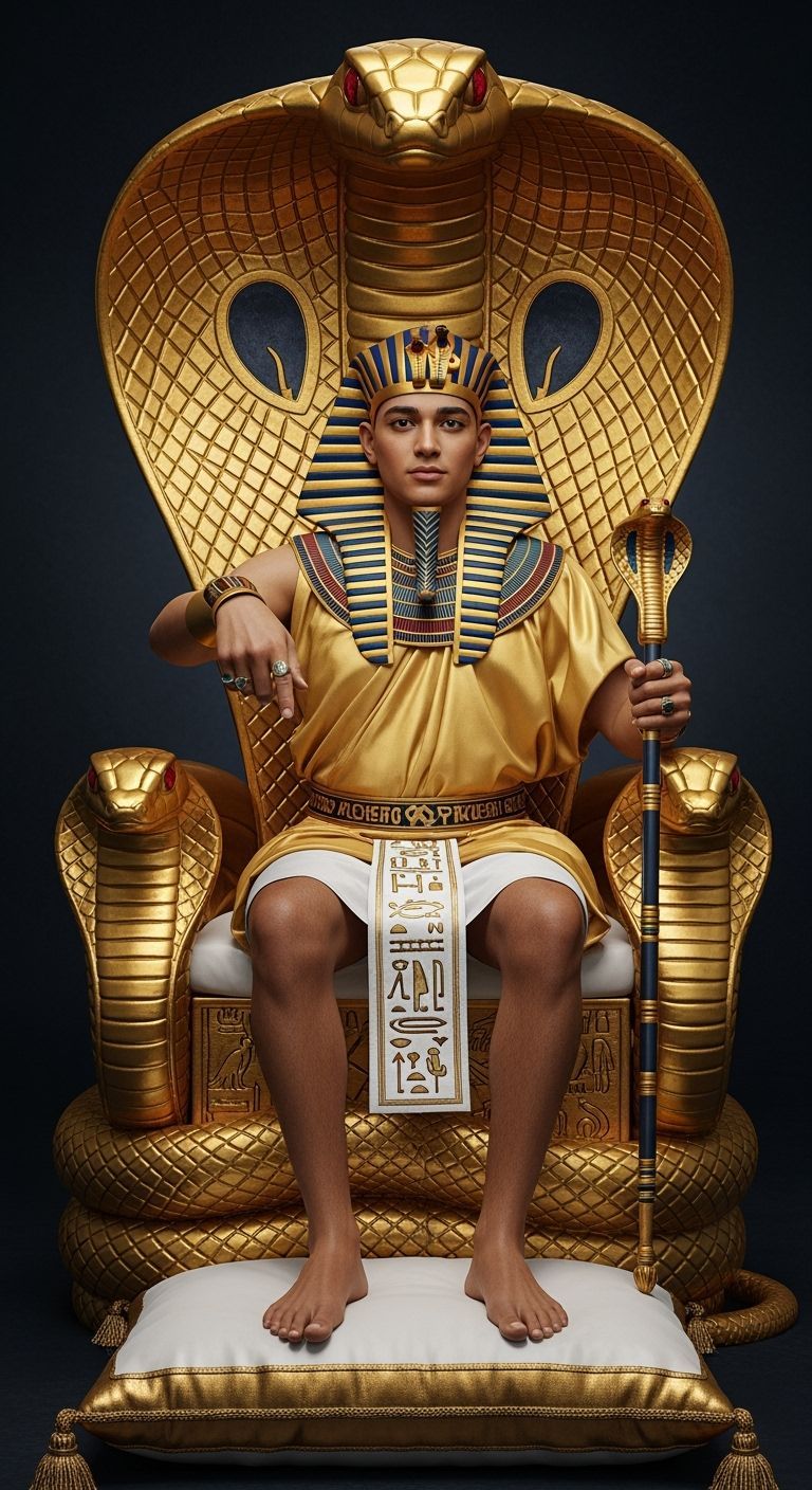 Young Pharaoh on Cobra Throne in Photorealistic Style
