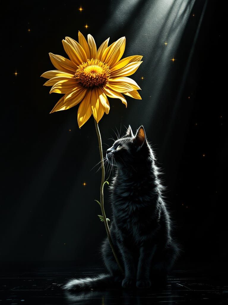 Adorable Cat Under Glowing Flower in Dramatic Shadow-Light
