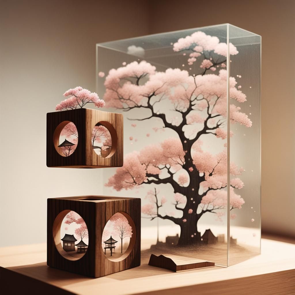 Kyoto Sakura Double Exposure in Gouache Watercolor Style