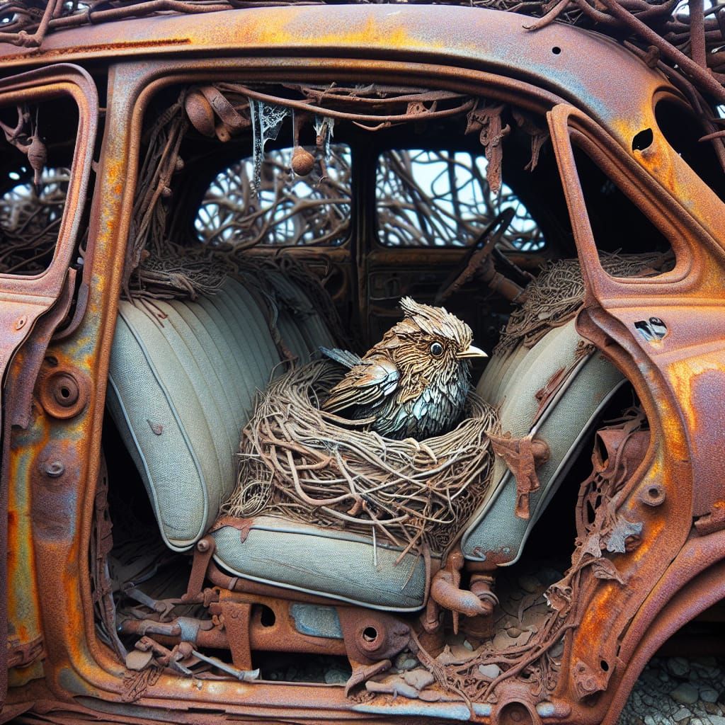 Bird's Nest in Rusted Car: Detailed Pre-1912 Style