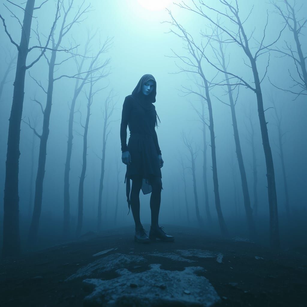 Mysterious Blue Figure in Golden Ratio Composition